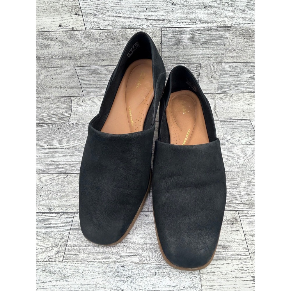 Clarks Black Suede Square Toe Slip On Flats Women's Shoes Size 7.5M